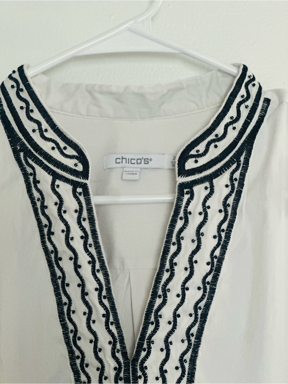 Chico's White Tunic with Black Embroidered V-Neck